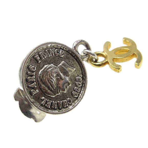 Chanel Medallion Dangle Earrings Gold Silver Clip-On - Picture 2 of 4